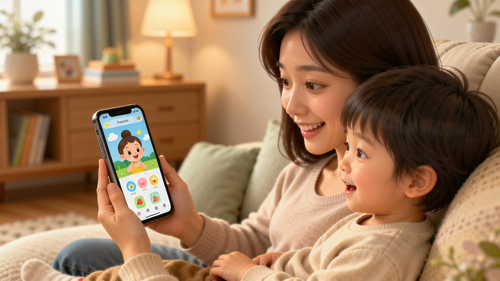 一位年轻妈妈和小孩坐在沙发上一起看着手机屏幕,屏幕中显示翘翘软件的儿歌界面,两人面带笑容,背景是温馨的家居环境,风格为温暖写实插画,细节柔和,画质清晰干净