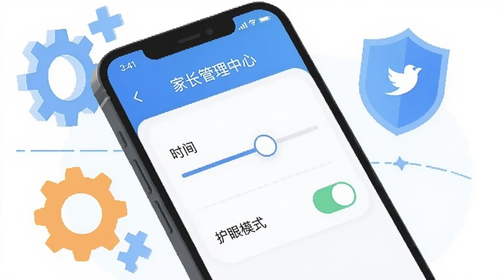 一部智能手机屏幕中显示翘翘软件的家长管理中心界面,界面中有时间设置滑块和护眼模式开关,手机周围有齿轮和盾牌图标装饰,风格为扁平化科技插画,细节清晰,画质干净明亮