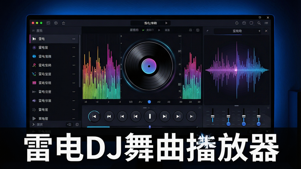 一张展示雷电DJ舞曲播放器软件界面的高清预览图,主体为深色主题的电脑屏幕,屏幕中央显示着跳动的彩色音频频谱和旋转的唱片图标,屏幕下方排列着播放控制按钮与均衡器滑块,布局采用左右分栏设计,左侧为播放列表,右侧为可视化效果区,排版整洁有序,风格偏向现代科技感与夜店霓虹风,细节上屏幕边缘有微弱的蓝色背光,画面干净无多余杂物,画质为4K超清,整体视觉突出“雷电DJ舞曲播放器”的文字标识。