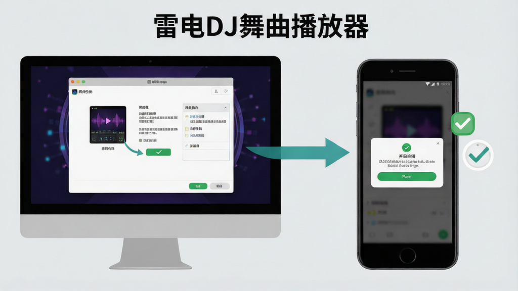 一张展示雷电DJ舞曲播放器安装与权限设置的步骤图,画面主体为手机和电脑并排显示,电脑屏幕上显示安装向导界面,手机屏幕上显示权限开启弹窗,布局为左右对比,风格为扁平化教程风,细节上带有箭头指引和勾选标记,背景为浅灰色,画质清晰,画面中带有“雷电DJ舞曲播放器”文字。