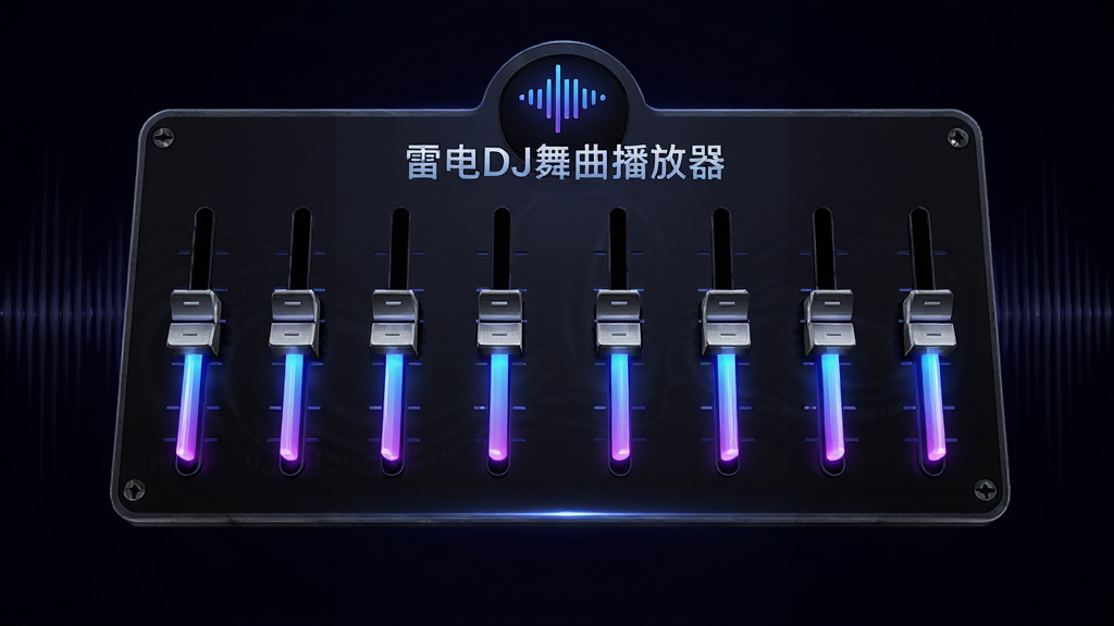 一张以“雷电DJ舞曲播放器”音效调节功能为核心的生图,画面主体为悬浮在深色背景中的十段均衡器滑块面板,滑块呈现发光的蓝紫色渐变,面板上方有低音增强的波形图标,布局居中对称,风格为赛博朋克光效,细节上滑块边缘有细腻的金属质感,背景有若隐若现的声波纹理,画质干净锐利,无多余元素。