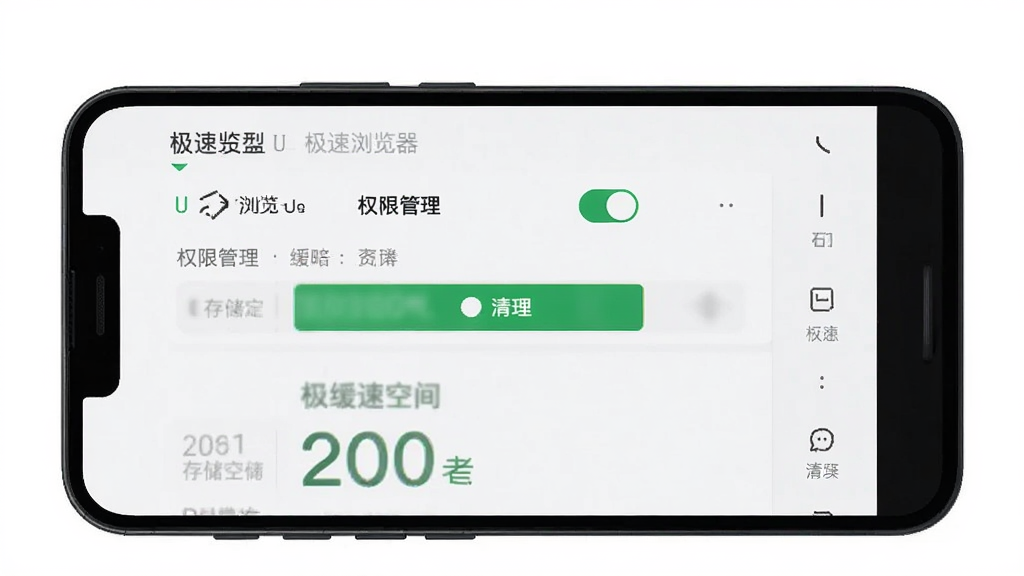 一部手机展示U极速浏览器设置界面中的权限管理与缓存清理选项,主体是手机屏幕,布局居中,排版清晰,风格简约实用,细节包括权限开关、清理按钮、存储空间显示,画质清晰,干净无多余元素,图片中文字“U极速浏览器”