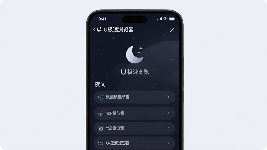 一部手机展示U极速浏览器夜间模式和省流量设置界面,主体是手机屏幕,布局居中,排版舒适,风格柔和暗色调,细节包括月亮图标、流量节省标识、设置选项,画质清晰,干净无多余元素,图片中文字“U极速浏览器”