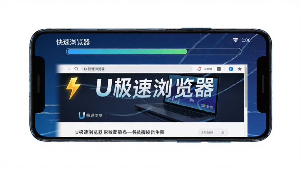 一部安卓手机展示U极速浏览器快速加载网页的界面,主体是手机屏幕,布局为居中展示,排版突出速度感,风格动感科技,细节包括进度条、闪电图标、网页内容快速呈现,画质清晰,干净无多余元素,图片中文字“U极速浏览器”
