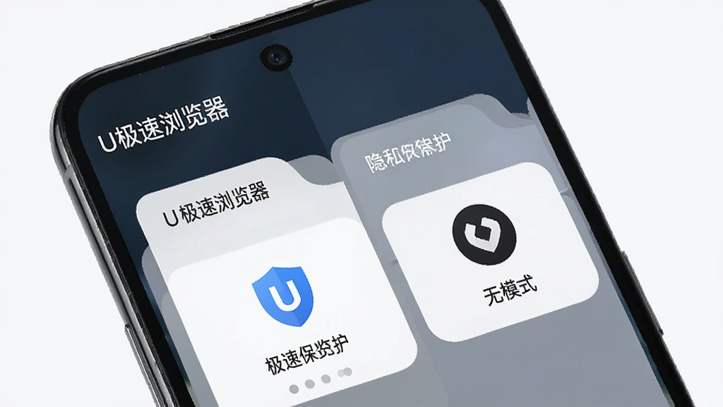 一部手机展示U极速浏览器多标签管理界面与无痕模式图标,主体是手机屏幕,布局分屏展示,排版清晰,风格简约现代,细节包括标签卡片、盾牌图标、隐私保护元素,画质清晰,干净无多余元素,图片中文字“U极速浏览器”