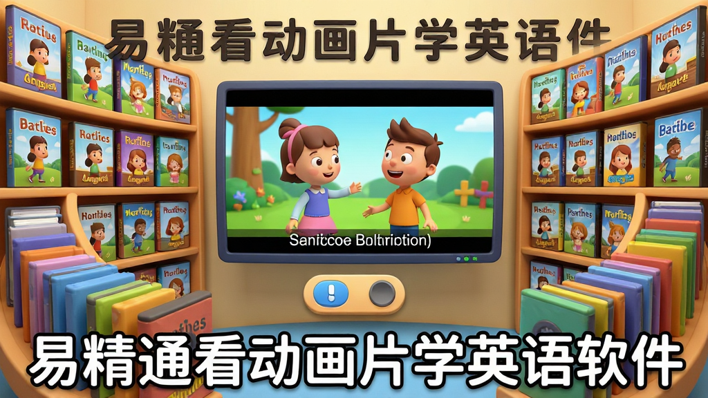 一个充满童趣的虚拟图书馆场景,书架上摆满了带有英文动画片封面的光碟盒,中央悬浮着一块巨大的屏幕正在播放动画片段,屏幕下方有中英文字幕切换开关的图标,排版采用环绕式布局,风格为卡通3D渲染,细节上体现光碟盒的丰富色彩与屏幕的高清画质,画质为高清,干净无多余元素,画面中带有