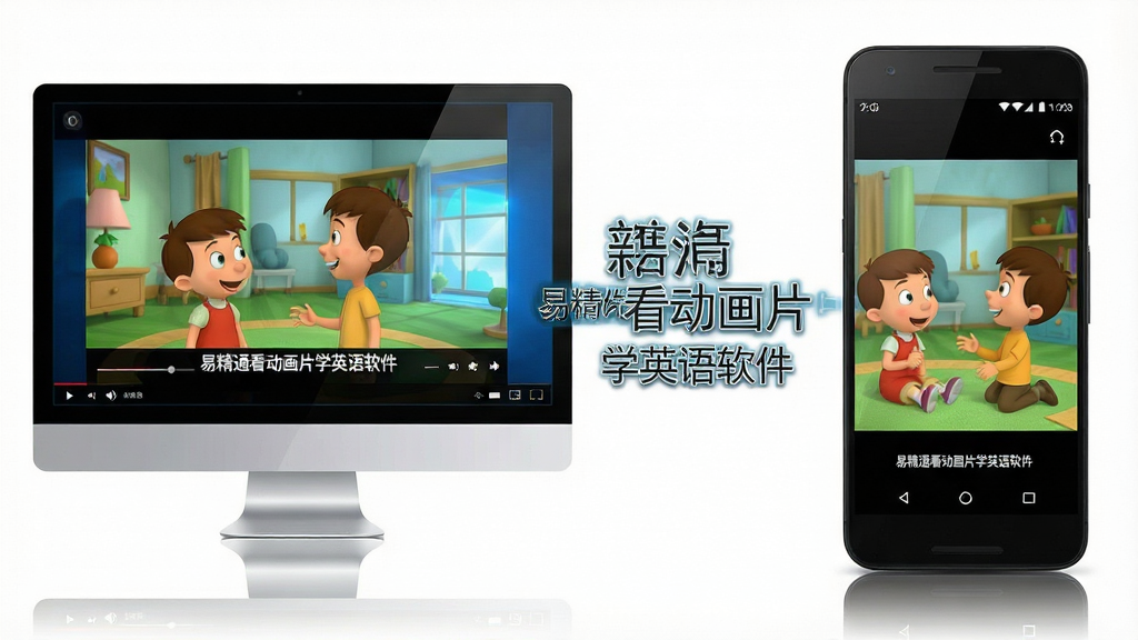 一张展示易精通看动画片学英语软件在Windows电脑和安卓手机双端运行的对比图,左侧为电脑端播放界面,右侧为手机端竖屏播放界面,两者均显示动画片和字幕,布局采用左右分栏,排版突出设备差异,风格为科技数码风,细节上体现屏幕边框与设备倒影,画质为高清,干净无多余元素,画面中间有