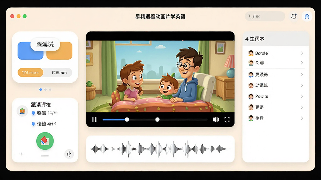 一张展示易精通看动画片学英语软件核心界面的全景图,画面中央是正在播放英文动画片的播放器窗口,周围环绕着字幕切换按钮、跟读评分面板和生词本列表,布局清晰合理,排版采用现代简约风格,细节上体现播放进度条与发音波形图,画质为高清4K,干净无多余元素,整体色调明亮温馨