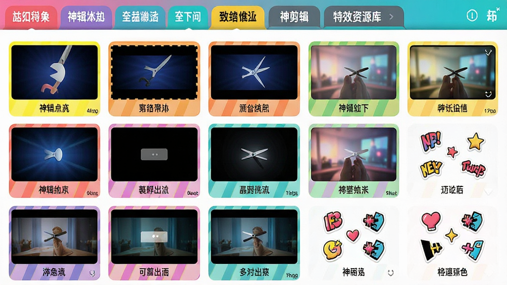 一张展示神剪辑特效资源库的界面截图,画面中网格状排列着各种转场效果缩略图、滤镜预览图和动态贴纸图标,每个缩略图下方标注效果名称,界面顶部有分类标签栏,整体风格活泼鲜艳,色彩丰富,布局整齐,画质高清,干净无杂乱元素