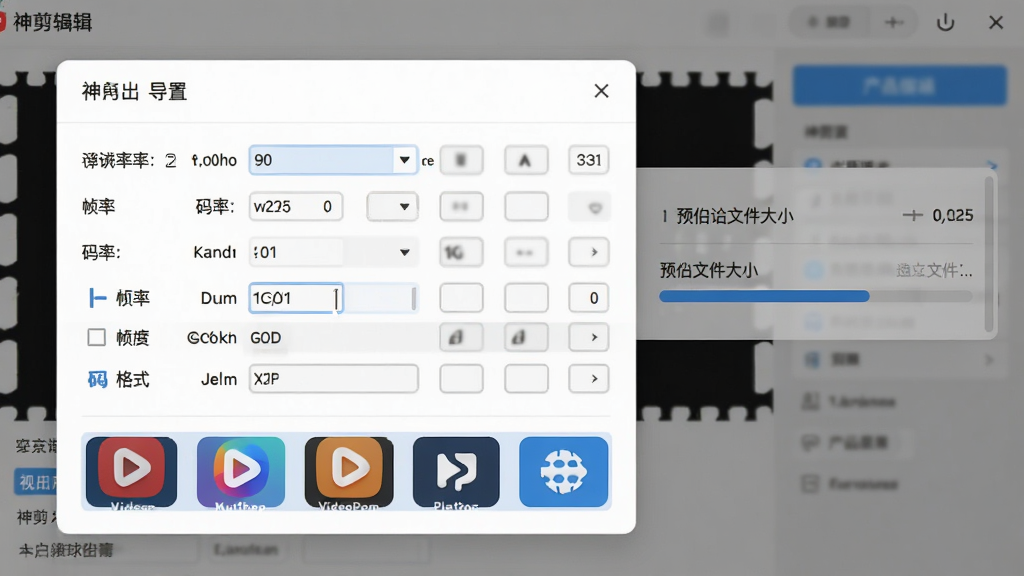 一张展示神剪辑导出设置界面的图片,画面中弹出导出参数面板,包含分辨率、帧率、码率、格式等选项,下方有各大视频平台图标按钮,界面右侧显示预估文件大小和导出进度条,整体风格简洁商务,配色以白色和蓝色为主,画质高清,干净整洁