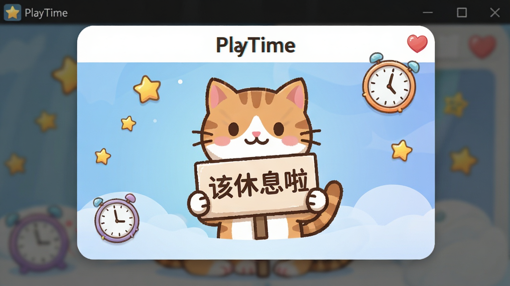 PlayTime 软件中的趣味提醒弹窗特写,弹窗内包含一只卡通小猫举着“该休息啦”的提示牌,背景是柔和的蓝色渐变,弹窗周围有星星和时钟点缀,画面风格活泼可爱,主体突出,排版居中,细节清晰,画质高清,干净,无多余元素