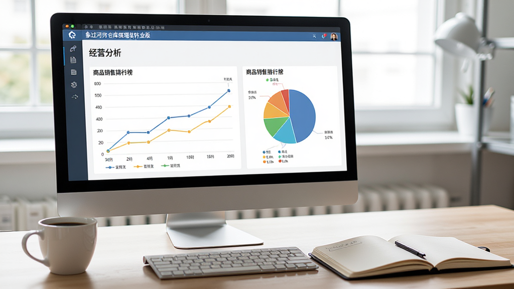 画面显示象过河仓库管理软件创业版的经营分析报表页面,屏幕上呈现折线图、饼图和商品销售排行榜,旁边有一杯咖啡和一本翻开的笔记本。风格写实办公场景,光线自然,画质清晰,干净无多余元素。
