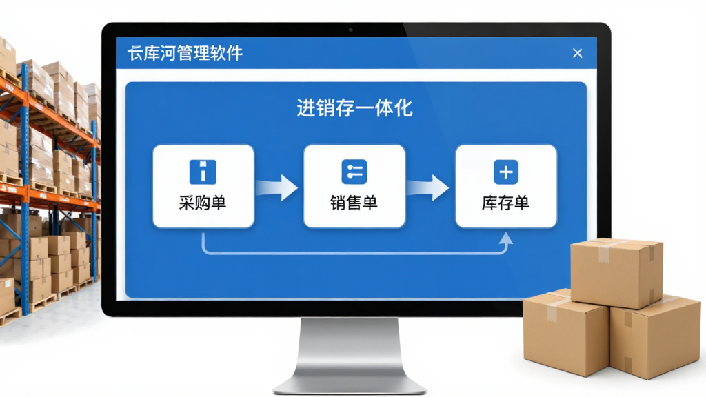 画面展示象过河仓库管理软件创业版的核心数据看板,屏幕中央是进销存一体化流程图,采购单、销售单、库存单三个模块用箭头连接,旁边配有仓库货架与打包好的商品纸箱。风格简洁商务,配色以蓝白为主,画质清晰,干净无多余元素。