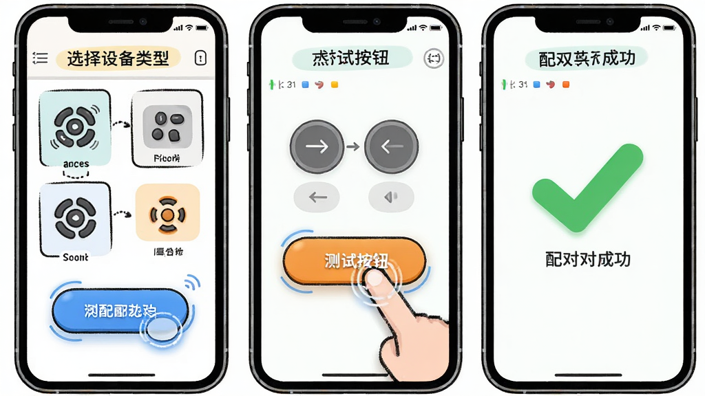 手机界面展示万能家电智慧遥控的配对引导步骤,画面分为三个连续场景,第一步选择设备类型,第二步点击测试按钮,第三步显示配对成功打勾标志,布局为横向排列的三格漫画式,风格活泼友好,细节上按钮有按压动效示意,画质清晰,干净,无多余元素