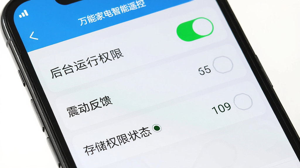 手机屏幕展示万能家电智慧遥控的设置页面,页面中有后台运行权限开关、震动反馈选项和存储权限状态,布局为上下列表式,风格清晰易读,细节上开关按钮有绿色高亮状态,画质清晰,干净,无多余元素