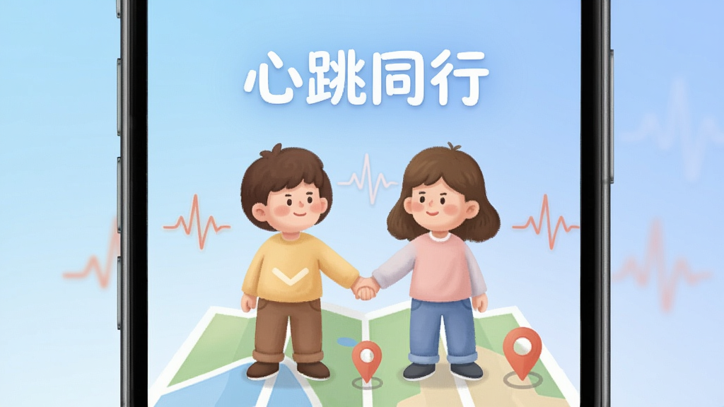 手机屏幕中显示两个卡通人物手牵手站在地图上,背景是柔和的蓝色渐变,界面中间有'心跳同行'文字,布局简洁对称,风格温馨治愈,细节包含心跳波纹和定位图标,画质清晰干净,无多余元素
