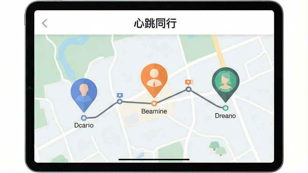 一张扁平化风格的地图界面截图,地图上有三个不同颜色的头像标记代表不同用户位置,界面顶部显示'心跳同行'名称,布局清晰,风格现代简约,细节包含路线连接线和距离标注,画质高清,干净无杂乱元素