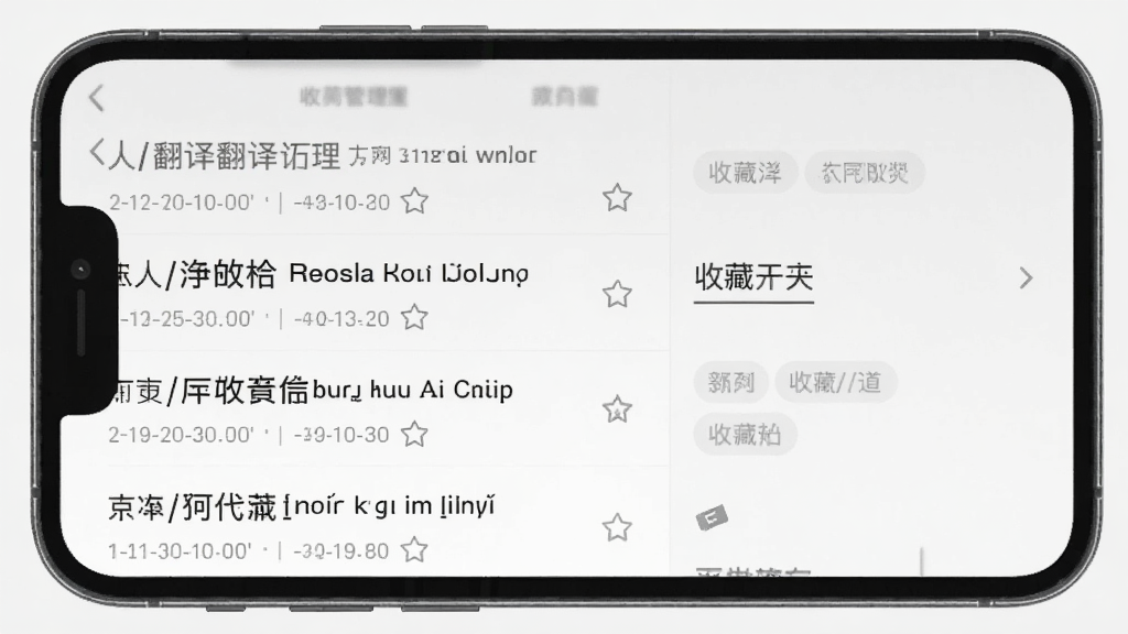 维汉翻译历史记录与收藏管理界面图,画面中手机屏幕显示翻译历史列表和收藏夹,列表项包含汉语和维吾尔语对照文字,背景为浅灰色,风格简约,细节包括时间戳、收藏图标和分类标签,画质清晰,无多余元素