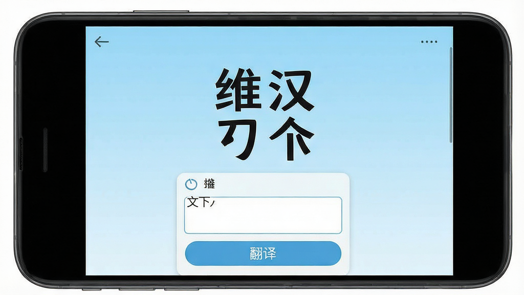 一张展示维汉翻译软件主界面的手机应用截图,画面中央是手机屏幕,屏幕内显示维汉翻译四个大字标题,下方有文本输入框和翻译按钮,背景为浅蓝色渐变,风格简洁干净,细节包括图标、输入框和按钮布局清晰,画质高清,无多余元素