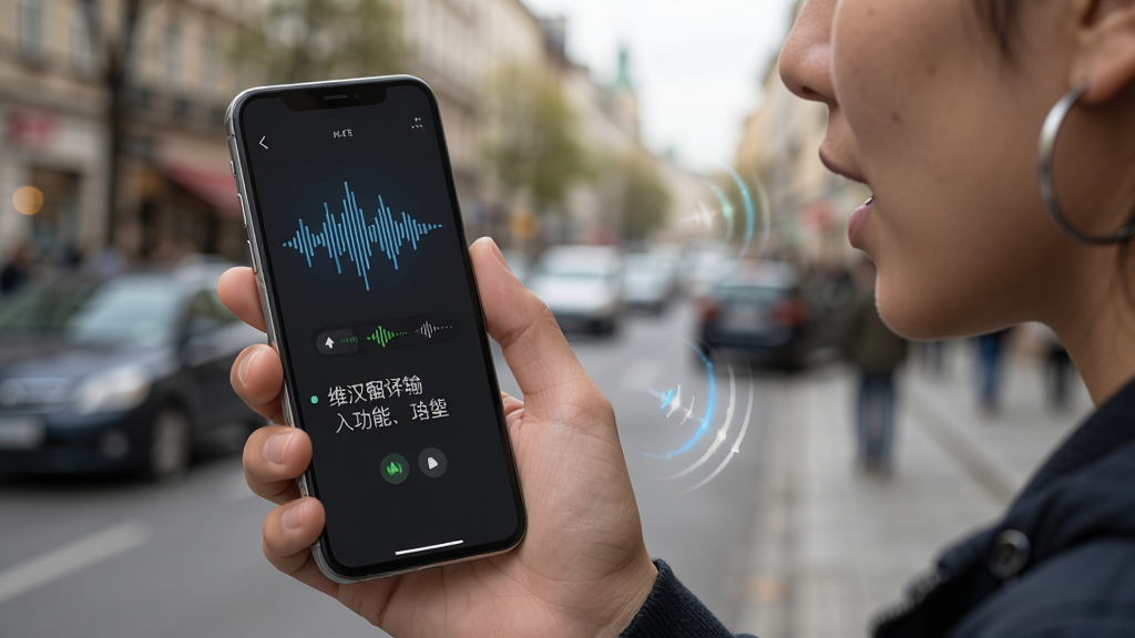 维汉翻译语音输入功能示意图,画面中一个人拿着手机说话,手机屏幕显示声波图标和正在识别的文字,背景为模糊的街道场景,风格写实,细节包括手机界面、声波动画和文字内容,画质高清,无多余元素