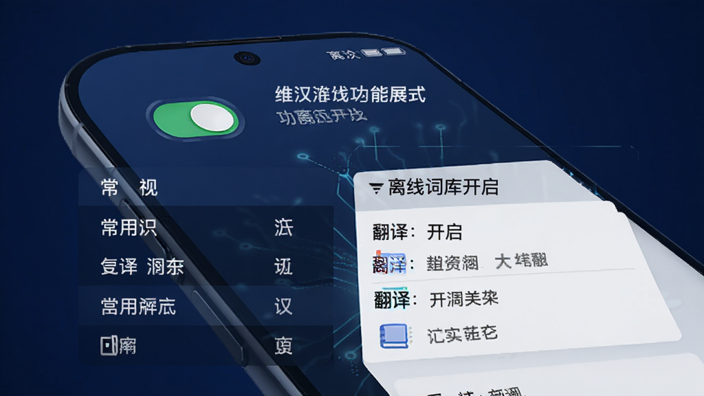 维汉翻译离线词库功能展示图,画面中手机屏幕显示离线模式已开启,下方有常用词汇列表和翻译结果,背景为深蓝色,风格科技感,细节包括开关按钮、词库图标和文字内容,画质高清,无多余元素