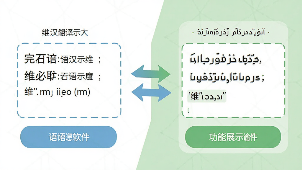 维汉翻译软件的功能展示图,画面左侧是汉语输入框,右侧是维吾尔语输出框,中间有双向箭头连接,背景为白色和浅绿色搭配,风格清新,细节包括文字示例、箭头图标和翻译按钮,画质清晰,无多余元素