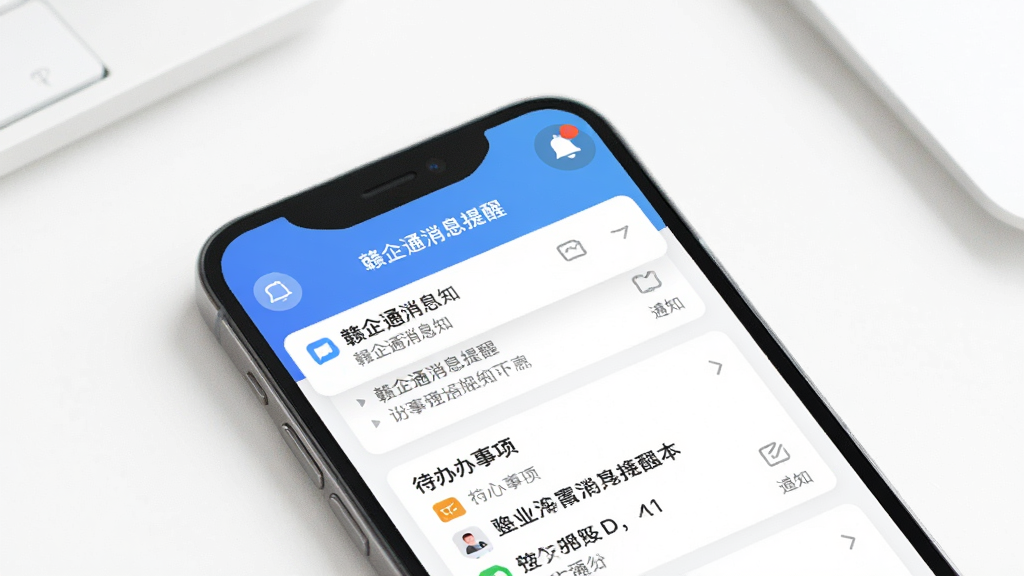 围绕“赣企通消息提醒”生成一张界面展示图,画面为手机屏幕特写,显示通知列表和待办事项卡片,屏幕上方有铃铛图标和红点提醒,背景为干净的白色桌面,风格简约现代,画质清晰,无多余元素