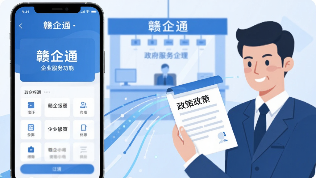 围绕“赣企通”企业服务功能生成一张场景插画,画面左侧为一部手机展示“赣企通”办事界面,右侧为企业用户正在查看政策文件,背景中有政务大厅轮廓和数据流动线条,风格为现代扁平商务插画,色调以蓝白为主,细节清晰,画质干净,无多余元素