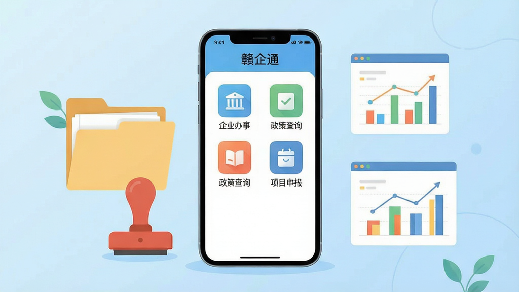 一张展示手机端企业服务应用界面的图片,画面中央是一部竖屏智能手机,屏幕内显示“赣企通”应用首页,页面上有企业办事、政策查询、项目申报等功能图标,背景为简洁的浅蓝色渐变,手机周围环绕着文件夹、印章、数据图表等商务元素,整体采用扁平化插画风格,色彩干净清爽,画质清晰,无多余杂乱元素