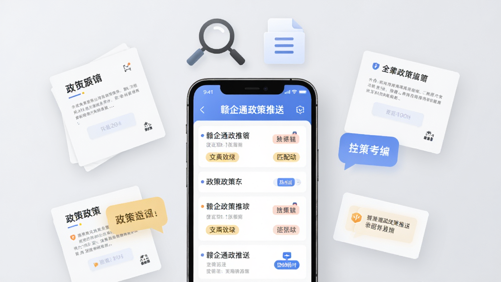 以“赣企通政策推送”为主题的生图,画面中央是手机屏幕显示政策列表和匹配标签,屏幕上方有放大镜和文件图标,周围散落着政策文件卡片和提示气泡,背景为浅灰色,风格简洁清新,画质清晰干净,无多余元素