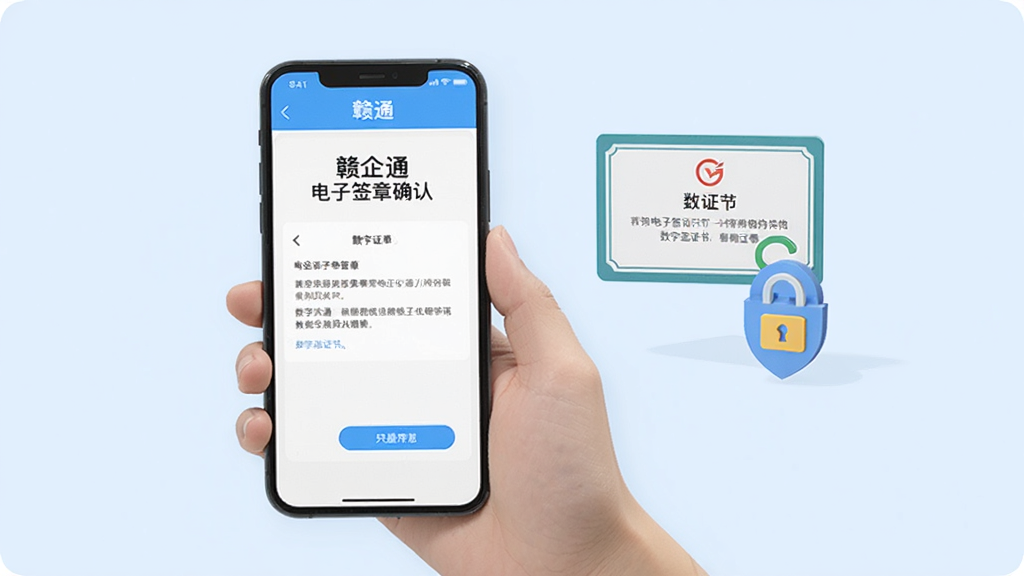 生成一张展示移动端电子签章场景的图片,画面中一只手拿着手机,手机屏幕显示“赣企通”电子签章确认页面,旁边有数字证书和锁形安全图标,背景为柔和的浅蓝色,风格为写实与扁平结合,画质干净,无多余元素