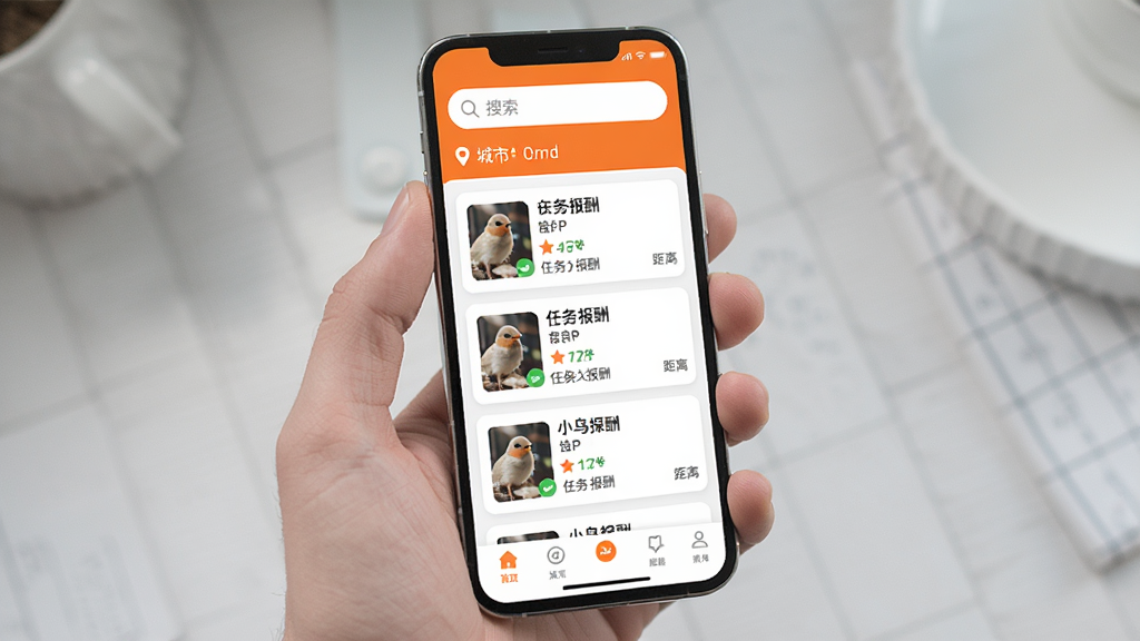 һ��չʾ�ֻ���Ļ��ͼƬ����Ļ����ʾС��̽��APP�������棬���涥����������ͳ��ж�λ���м��ǿ�Ƭʽ�����б���ÿ�ſ�Ƭ�����������ơ����񱨳�;�����Ϣ���ײ��е�������������ó�ɫ���ɫ�������ˬ��񣬻���ɾ����࣬�޶���Ԫ�أ����廭��