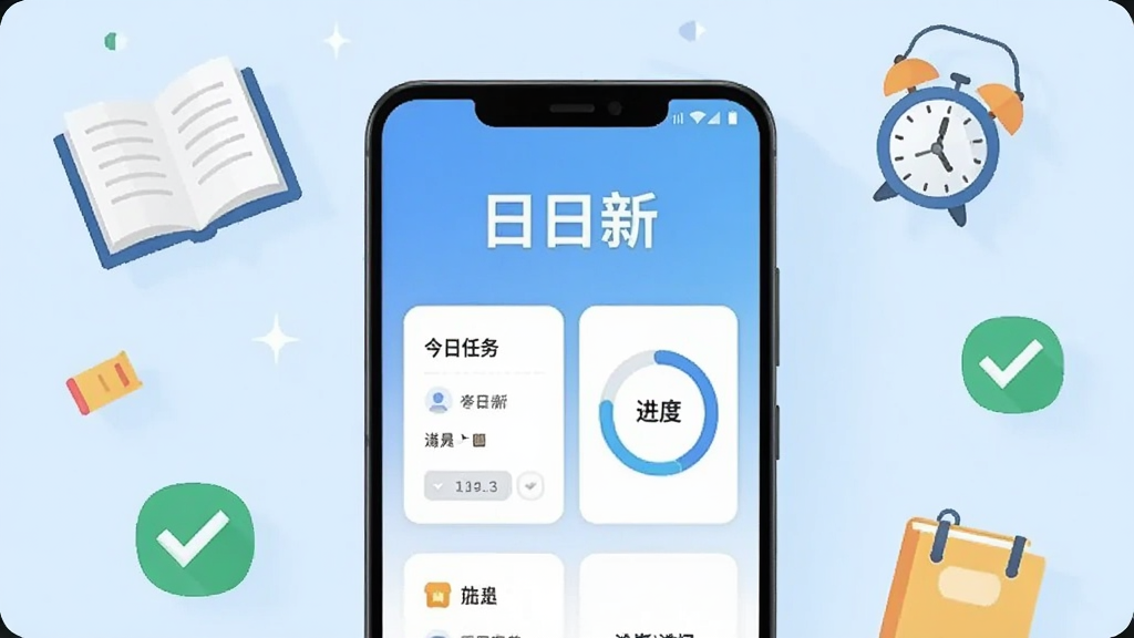画面中央是一部安卓手机,屏幕上显示日日新APP的主界面,界面顶部有“日日新”三个字,下方是今日任务卡片和进度圆环,背景是淡蓝色渐变,周围环绕着书本、闹钟、对勾图标等学习元素,整体风格清新简约,扁平化设计,画质干净清晰,无多余元素