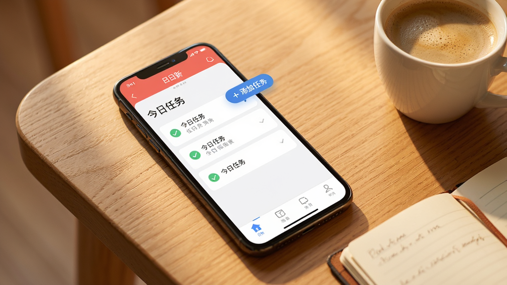 一部手机平放在木纹桌面上,屏幕内展示日日新APP的任务列表页面,标题写着“今日任务”,下方排列着三个带勾选圆圈的任务条目,旁边有悬浮的“+添加任务”按钮,画面右侧有一杯咖啡和一本翻开的笔记本,暖色调光线,生活化场景,画质清晰干净