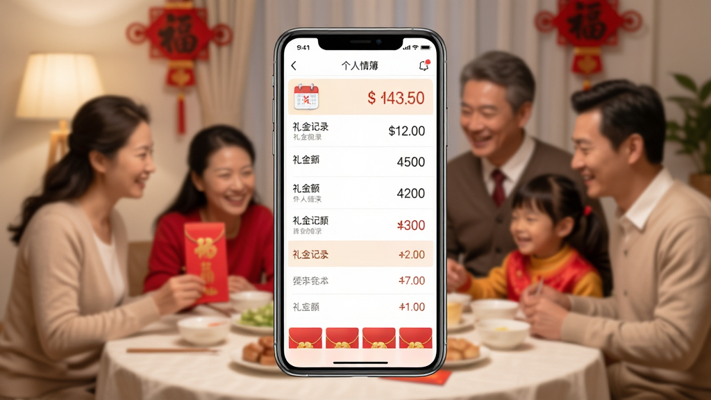 一部智能手机屏幕上显示着一本人情簿应用界面,界面中有礼金记录列表和金额数字,背景是温馨的家庭聚会场景,布局居中,排版整洁,风格写实,细节包括红包装饰和日历图标,画质高清,干净,无多余元素