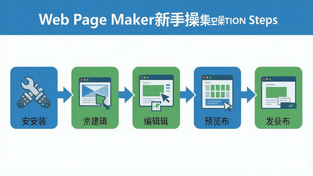 一张展示Web Page Maker新手操作步骤的图片。主体为分步骤的操作流程图,包含安装、新建、编辑、预览、发布五个环节。布局为横向流程图排版,每个步骤用图标和简短文字标注。风格为扁平化信息图风格,细节包括步骤之间的箭头连接、蓝色和绿色为主的配色方案、简洁的图标设计。画质清晰,干净,无多余元素。