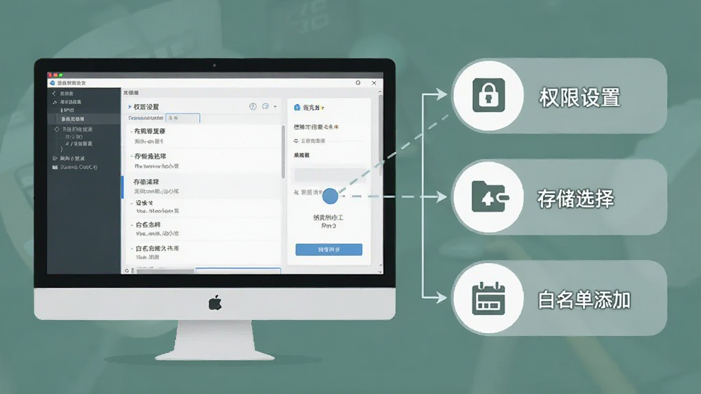 纳克小工使用技巧示意图,画面展示电脑屏幕上的软件界面与设置选项,旁边以简洁图标形式标注权限设置、存储选择、白名单添加等操作要点,整体风格为信息图解式,色调柔和清晰,画面干净整洁,无多余元素