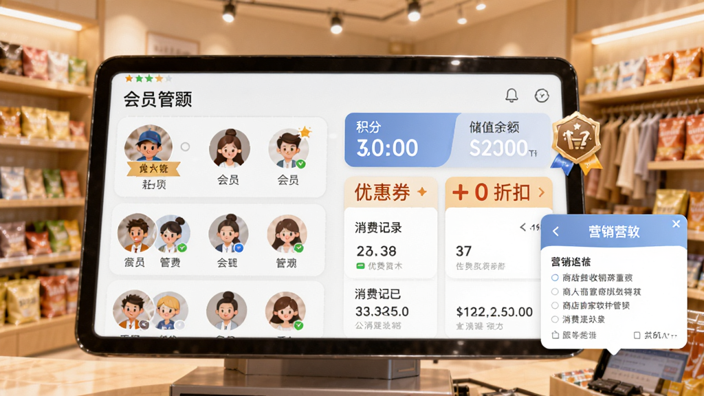 商店管家收银软件的会员管理页面,画面展示会员头像列表、积分数字与储值余额,旁边有优惠券与折扣标签,背景是温馨的零售店铺环境,风格亲切明亮,细节包括会员等级徽章、消费记录与营销弹窗,画质清晰,干净,无多余元素