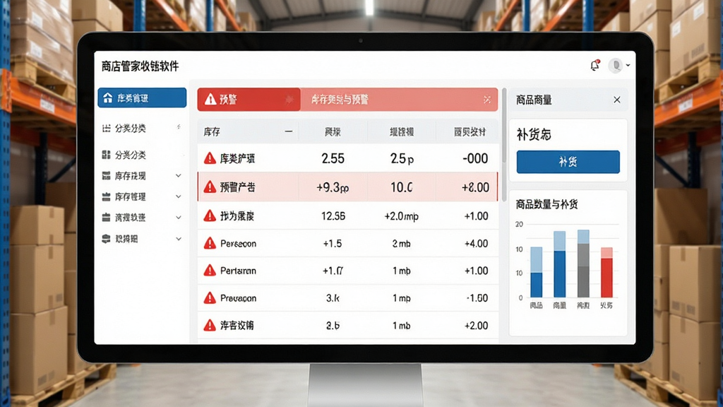 商店管家收银软件的库存管理界面,画面中央是库存列表与预警提示,左侧为分类导航,右侧显示商品数量与补货按钮,背景是仓库货架与纸箱,风格简洁商务,细节包括红色预警图标、数字统计与条形图,画质清晰,干净,无多余元素