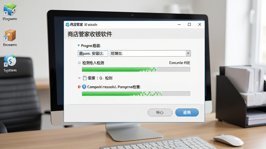 商店管家收银软件在电脑桌面上的安装向导界面,画面显示安装路径选择与组件检测提示,背景是整洁的办公桌面,风格写实清晰,细节包括进度条、按钮与系统图标,画质清晰,干净,无多余元素