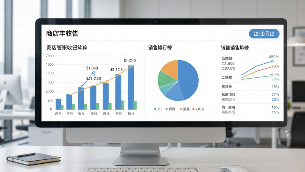 商店管家收银软件的数据报表界面,画面中有柱状图、饼图与销售排行榜,背景是现代化的办公室桌面,风格简约商务,细节包括数字标签、趋势线与导出按钮,画质清晰,干净,无多余元素