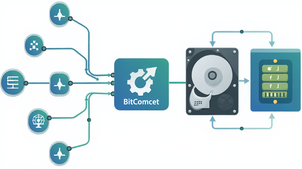 一张展示BitComet(比特彗星)长效种子机制与智能磁盘缓存功能的示意图,画面左侧是多个节点通过线条连接到中央的软件图标,右侧是硬盘与内存的抽象图形,风格为扁平化科技风,色调以蓝绿为主,画质清晰,布局平衡,无多余元素