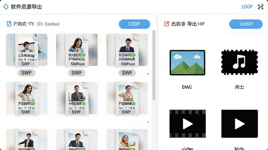 画面主体为软件资源导出面板,左侧显示多个SWF文件缩略图,右侧展示导出的图片、音频、视频图标;布局采用网格排列;排版紧凑直观;风格为明亮清爽的界面设计;细节包含格式标签与导出按钮;画质1080P,干净无多余元素