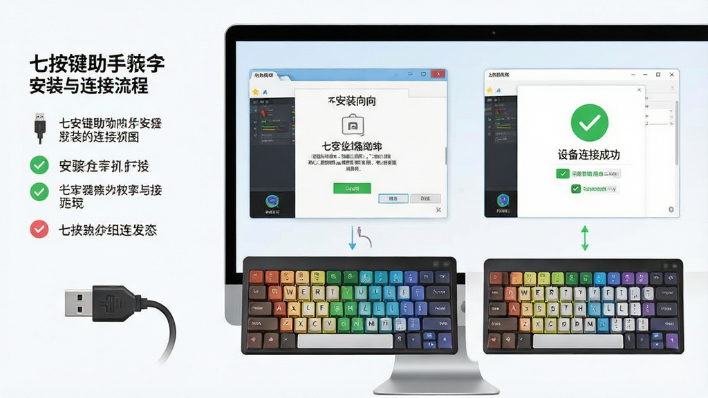 一张展示七彩色按键助手安装与连接流程的示意图,主体为电脑屏幕上的软件安装向导与键盘连接状态,布局为左侧安装步骤提示、右侧设备连接成功界面,排版清晰,风格为简洁教程风,细节包含USB线连接图标、绿色对勾标识、软件主界面缩略图,画质清晰,画面干净,无多余元素