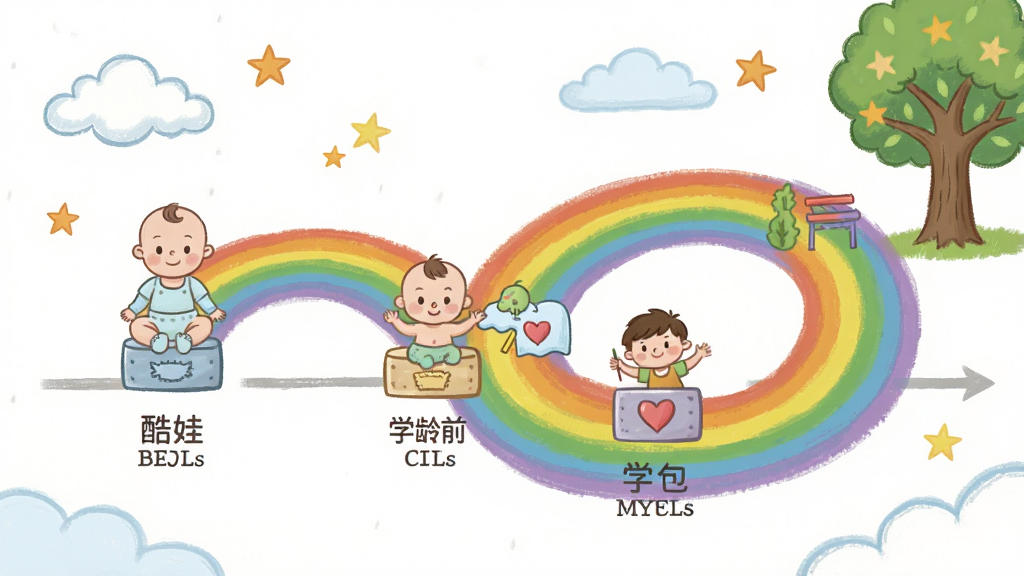一幅展示酷娃学习启蒙分龄分段学习路径的图片,画面中心是一条弯曲的彩虹路径,路径上分布着不同年龄段的里程碑图标,包括婴儿、幼儿、学龄前儿童形象,每个节点旁有对应学习内容的小图标,布局采用横向时间轴式排版,风格为柔和手绘插画,细节包含云朵、星星和成长树元素,画质清晰、干净、无多余元素。
