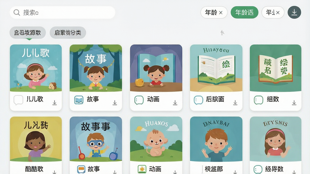 一幅展示酷娃学习启蒙资源库界面的图片,画面以网格形式陈列着儿歌、故事、动画、绘本等封面缩略图,每个封面配有简洁图标和标题文字,布局为分类标签加瀑布流卡片式排版,风格为清新扁平化设计,细节包括搜索框、年龄筛选按钮和下载箭头,画质清晰、干净、无多余元素。