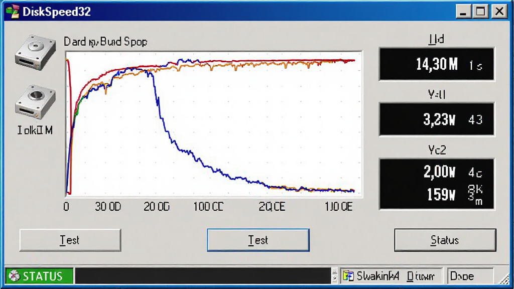 DiskSpeed32软件主界面截图,主体为经典Windows风格测速窗口,布局中央显示硬盘读写速度曲线图与实时数据面板,排版简洁清晰,风格为写实软件界面,细节包含磁盘图标、速度数值、测试按钮与状态栏,画质高清干净,无多余元素