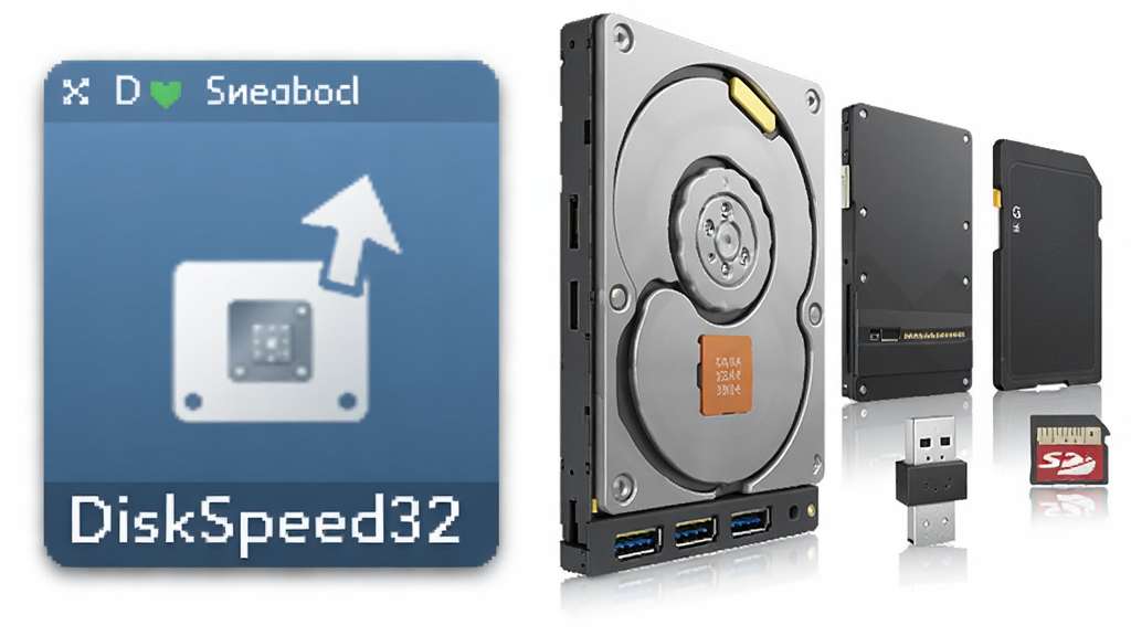 DiskSpeed32软件图标与硬盘设备组合展示图,主体为软件图标位于画面左侧,布局右侧排列机械硬盘、固态硬盘、U盘、SD卡四种存储设备,排版为横向并列,风格为扁平化写实,细节包含设备接口纹理与图标阴影,画质高清干净,无多余元素