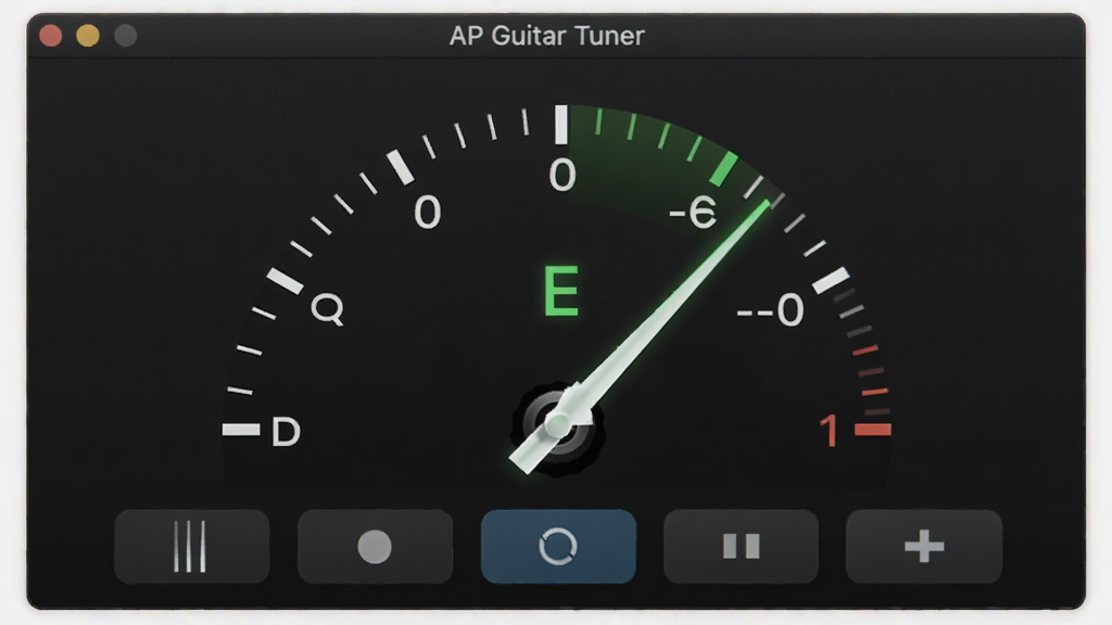 AP Guitar Tuner软件运行时的特写画面,屏幕上指针式调音表盘指向中央绿色区域,旁边显示音名E和音分差值0,画面风格简洁现代,UI元素清晰可见,屏幕下方有琴弦选择按钮,整体色调以深色背景配亮色指针为主,画质清晰锐利,无杂乱元素