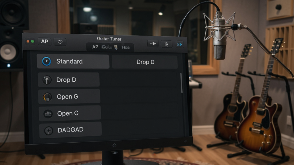AP Guitar Tuner软件界面展示多种调弦模式选择菜单,屏幕上列出Standard、Drop D、Open G、DADGAD等选项,背景是录音棚环境,有专业麦克风和吉他支架,画面风格专业简洁,色调沉稳,画质高清,无多余装饰